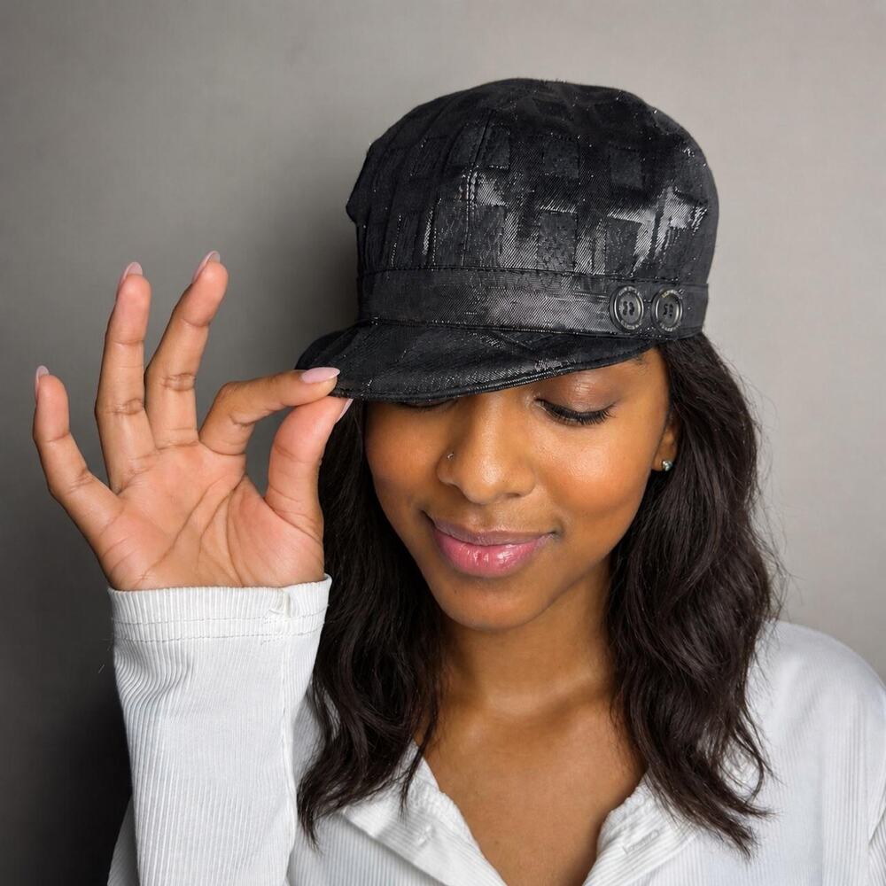 Vintage Burberry Black Metallic Check Newsboy Cap Y2K Designer Hat